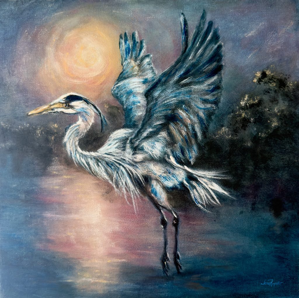 Original oil painting of a blue heron in flight over water, wings in layered blue, white, and black against a soft glowing sun with pink and golden light, by Florida artist Jenn Royster